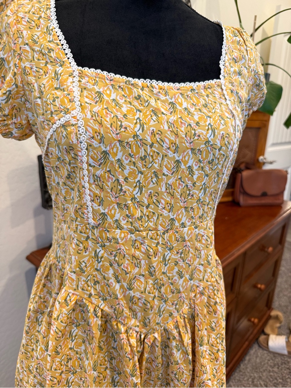 Cider Yellow Floral Drop waist Square-Neck Mini Dress with Lace Trim - Picture 2 of 7